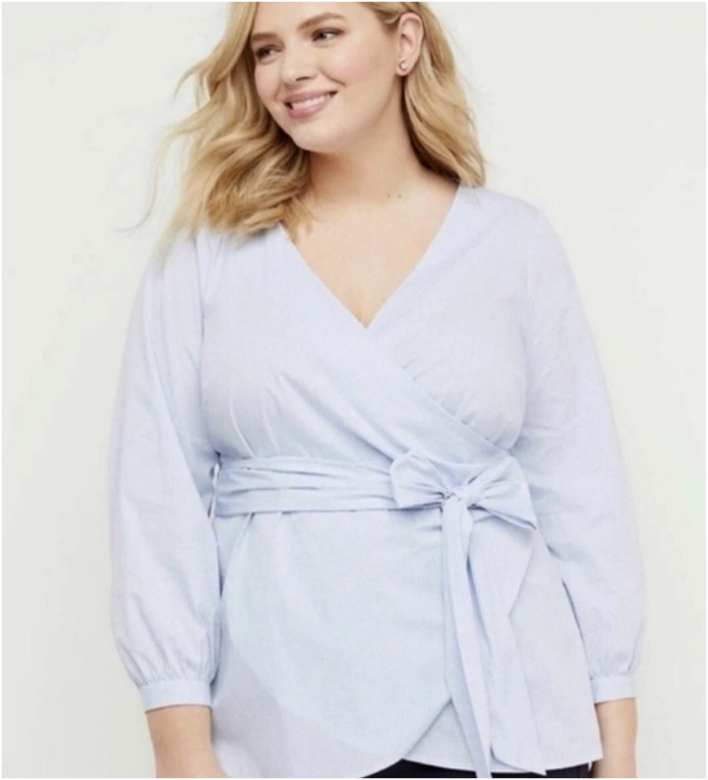Lane Bryant Top Womens 22 Light Blue Gingham Plaid Wrap Tie Front Nursing 4780